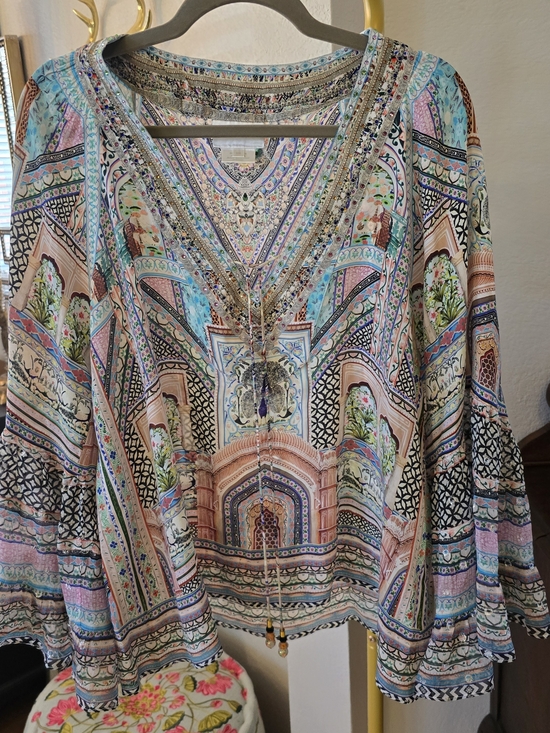 Camilla Tops - Camilla Silk Embellished Print V-Neck Blouse with Beaded Tassels